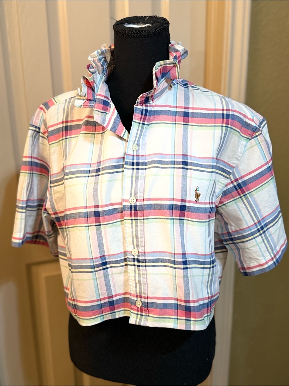 Upcycled Polo by Ralph Lauren Pastel Pink & Blue Plaid Button-Down Crop Shirt - Picture 3 of 9